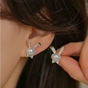 Bunny Rhinestone | Pearl Bougie Ears & Bow Tie Stud Gold Tone Earrings LAST PAIR